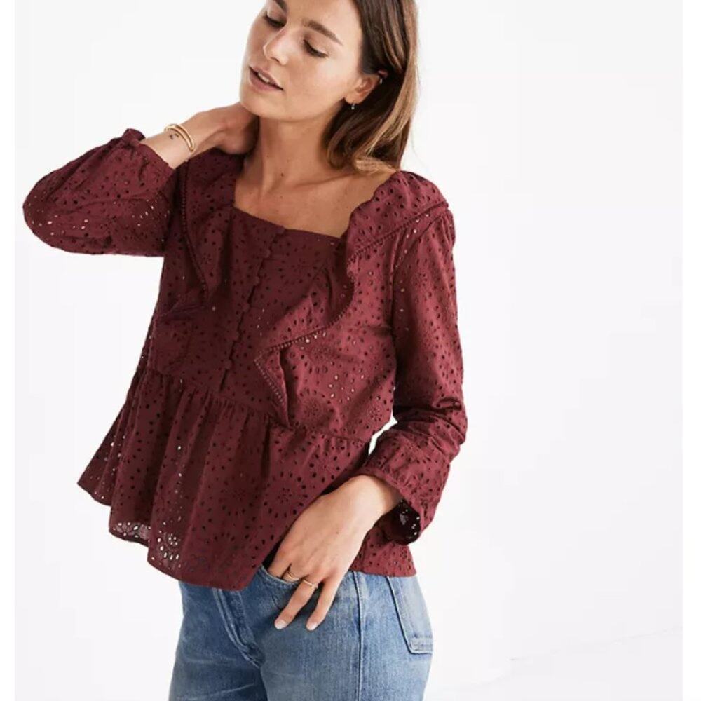 Madewell Red Eyelet Pom-Pom Ruffle Top
